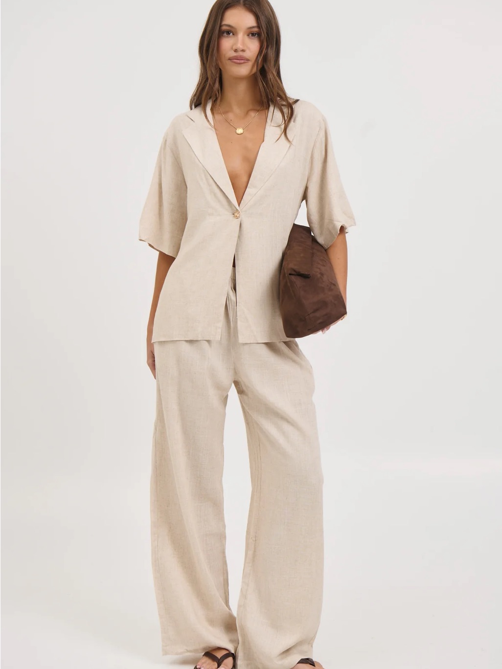 Relaxed Tan/Cream Wide-Leg Pantsuit Set — image 2 of 6